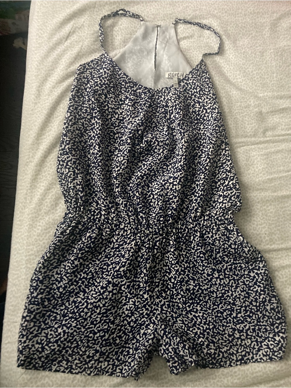 Joie silk White/ Navy  Printed Jumper Romper Adjustable Straps, mini shorts XS